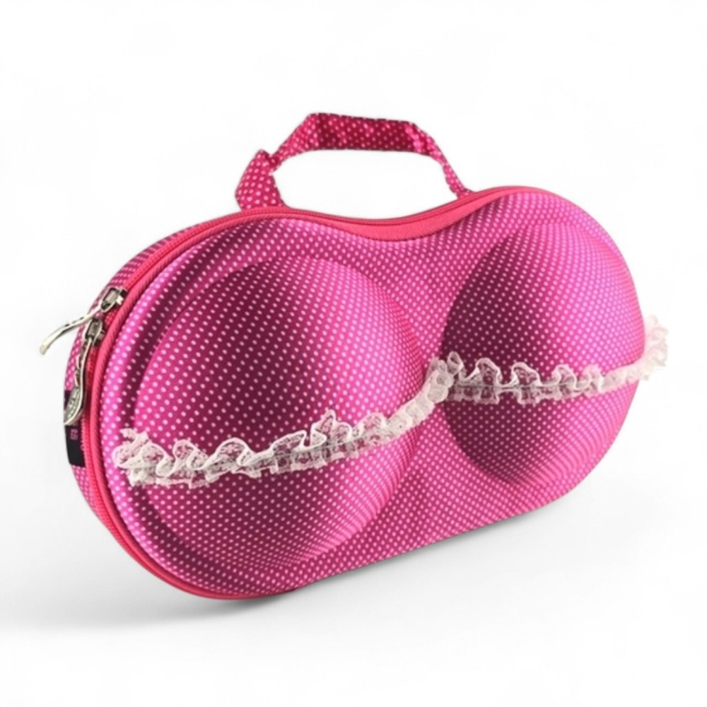 Lingerie Hard Bra Case Travel Carrier Portable Pink White Polka Dots Floral Lace